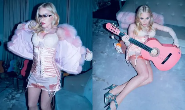 Madonna recreates iconic “Blond Ambition” look in pink corset, fur, and guitar