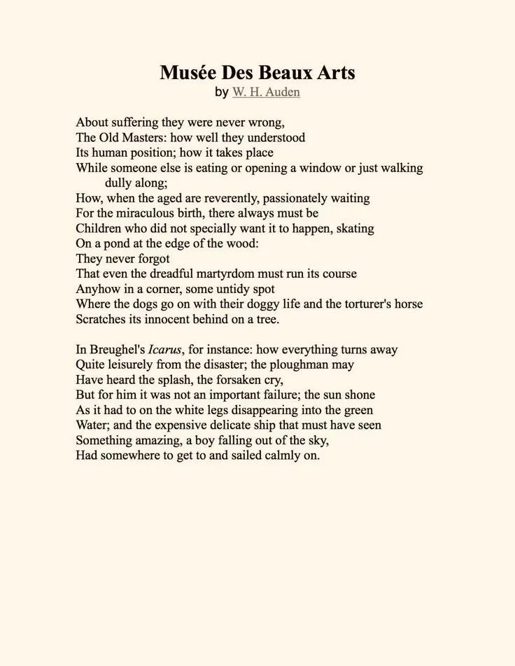 W. H. Auden&rsquo;s poem &lsquo;Mus&eacute;e des Beaux Arts&rsquo; (1938)--Icarus